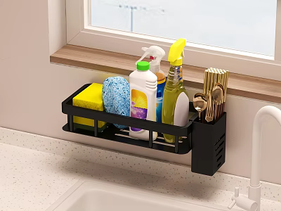 Wall Mounted Kitchen Storage Rack With Cleaning Supplies And Sponge Near Sink 3d model