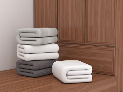 Folded Towels In Gray White And Light Gray On Wooden Cabinet And Floor 3d model