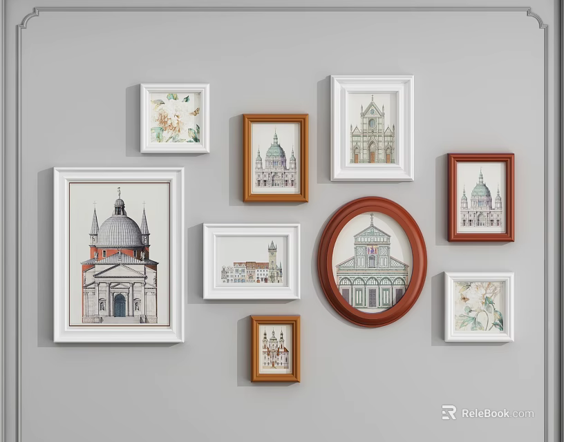 Photo Wall With Mixed Shape Frames Displaying Architectural Dome Prints On Gray Wall 3d model 