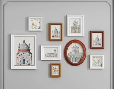 Photo Wall With Mixed Shape Frames Displaying Architectural Dome Prints On Gray Wall 3d model