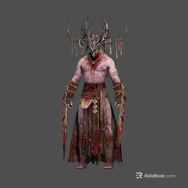 Mystical Antlered Humanoid Creature With Bloodstained Tattered Robes And Tribal Ornaments 3d model 