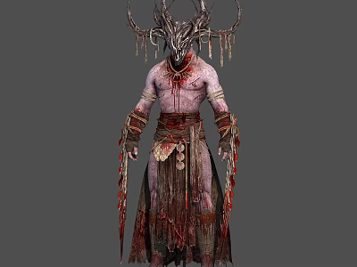 Mystical Antlered Humanoid Creature With Bloodstained Tattered Robes And Tribal Ornaments 3d model