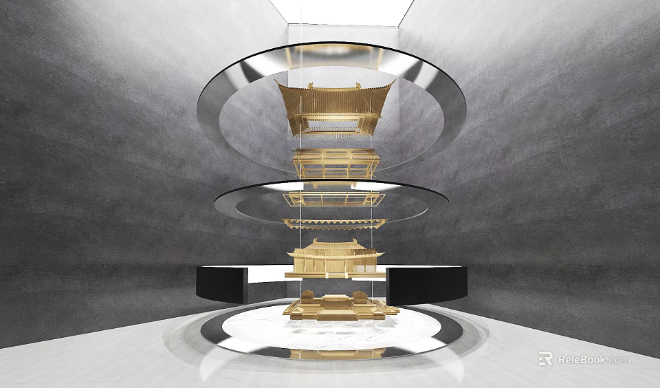 Elegant Modern Exhibition Hall With Circular Design And Golden Layered Structures 3d model