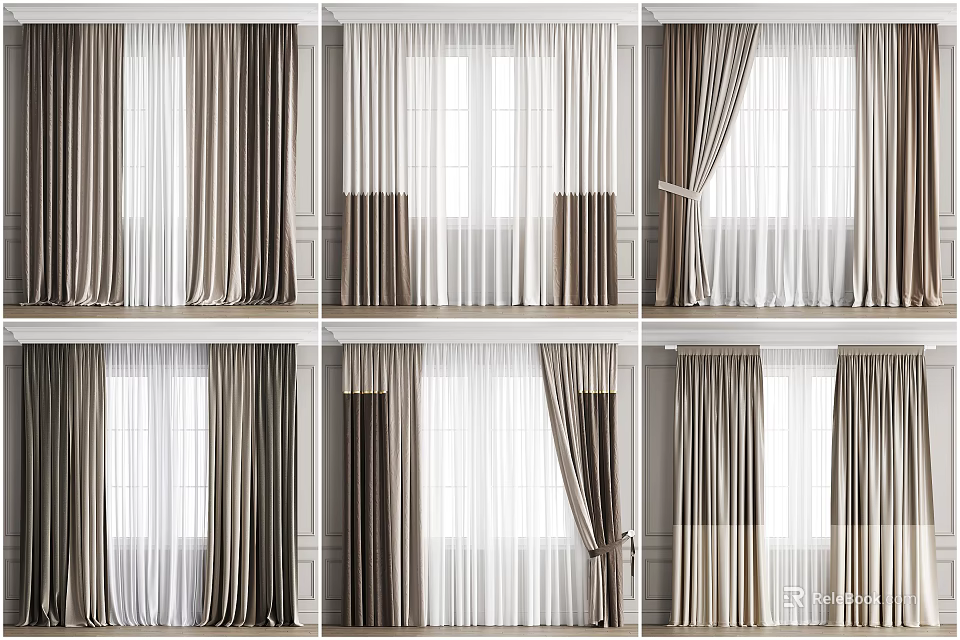 Modern Brown And White Curtains With Elegant Designs For Home Window Decor 3d model 