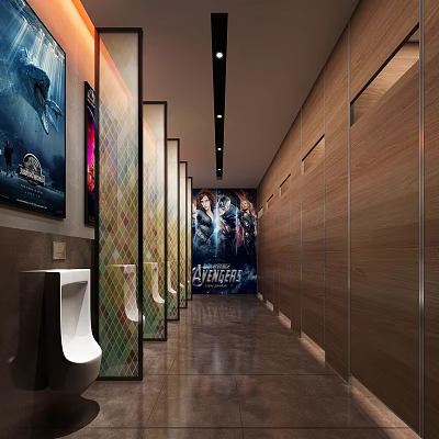 Modern Public Restroom Interior With Urinals Stalls And Avengers Posters Design 3d model