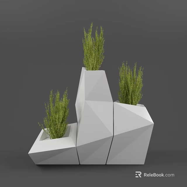 Three Tiered Modern Geometric White Planters With Bonsai Potted Green Plants 3d model 