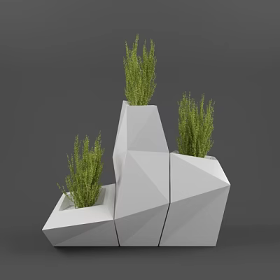 Three Tiered Modern Geometric White Planters With Bonsai Potted Green Plants 3d model