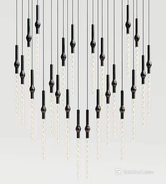 Black Pendant Lights with Slim Rods and White Cords Neatly Arranged on Light Gray Background 3d model 