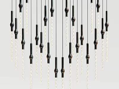 Black Pendant Lights with Slim Rods and White Cords Neatly Arranged on Light Gray Background 3d model