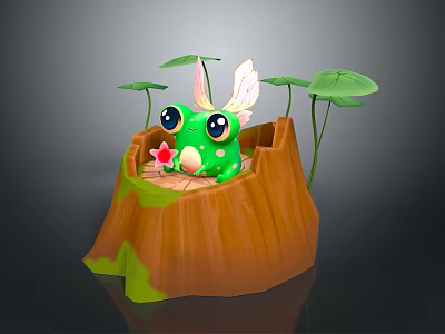 Cute Green Frog with Wings in Tree Stump Surrounded by Lotus Leaves Holding Red Star 3d model