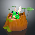 Cute Green Frog with Wings in Tree Stump Surrounded by Lotus Leaves Holding Red Star