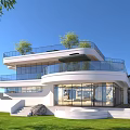 Modern Detached Villa With Large Glass Windows Balcony Trees Green Lawn And Rock Landscape