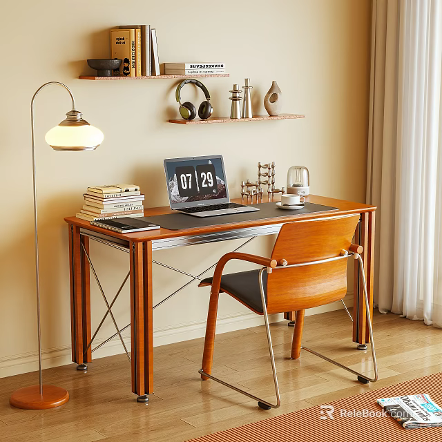 Cozy Study Desk With Laptop Clock Stacked Books Lamp And Wooden Chair 3d model 