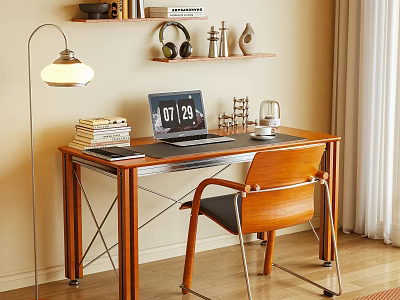Cozy Study Desk With Laptop Clock Stacked Books Lamp And Wooden Chair 3d model