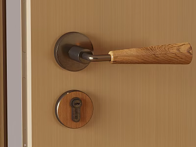 Stylish Modern Door Handle With Wooden Oak Grip And Metal Base Keyhole 3d model
