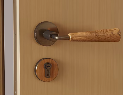 Stylish Modern Door Handle With Wooden Oak Grip And Metal Base Keyhole 3d model