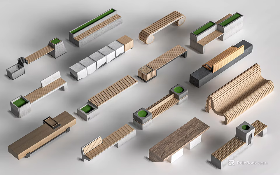 Modern Wooden And Concrete Landscape Seats With Geometric Shapes For Outdoor Spaces 3d model 