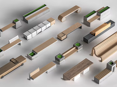 Modern Wooden And Concrete Landscape Seats With Geometric Shapes For Outdoor Spaces 3d model