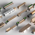 Modern Wooden And Concrete Landscape Seats With Geometric Shapes For Outdoor Spaces