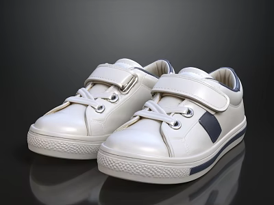 White Kids Casual Shoes With Velcro Straps Laces And Blue Accents 3d model