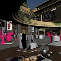 Illuminated Commercial Street with Multi storey Buildings Shops Dining Areas and Green Plants Evening Atmosphere