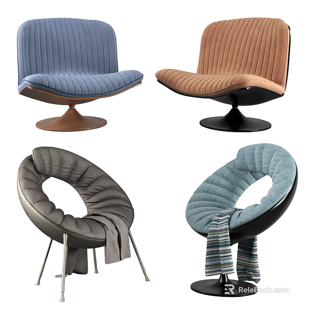 Stylish Single Sofa Designs in Blue Brown Gray with Round Base and Striped Accents 3d model 