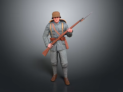 Man in Military Uniform With Vintage Hat Holding Rifle on Gray Background 3d model