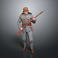Man in Military Uniform With Vintage Hat Holding Rifle on Gray Background