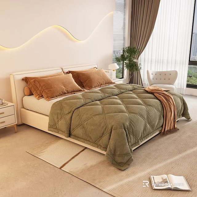 Double Bed in Modern Bedroom with White Headboard Brown Pillows Green Quilt and Brown Throw 3d model 