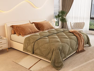 Double Bed in Modern Bedroom with White Headboard Brown Pillows Green Quilt and Brown Throw 3d model