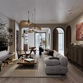 Warm Modern Dining and Living Room with Ceiling Fans Sofa Coffee Table and Decorative Painting
