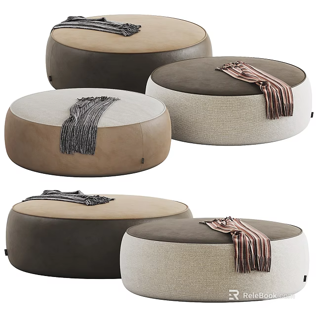 Modern Stylish Round Ottoman Poufs With Leather And Woven Fabrics Neutral Colors And Throw Blankets 3d model 