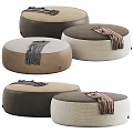 Modern Stylish Round Ottoman Poufs With Leather And Woven Fabrics Neutral Colors And Throw Blankets