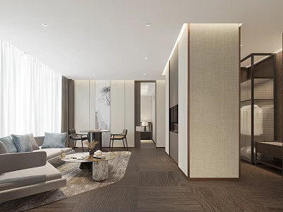 Modern Hotel Room Interior With Sofa Coffee Table Area Rug And Decorative Wall Art 3d model