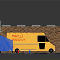 Outdoor Scene With Yellow Taco Mole Truck Brick Wall Blue Tarp Chalk Lines On Ground