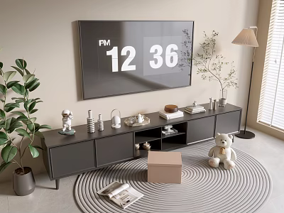 Modern TV Stand with Flat Screen TV Decorative Items Green Plants and Round Striped Rug 3d model
