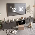 Modern TV Stand with Flat Screen TV Decorative Items Green Plants and Round Striped Rug
