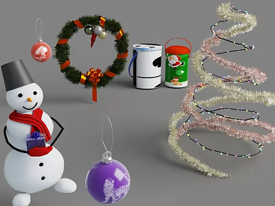 Festive Christmas Wreath And Spiral Plant Decorations With Snowman Purple Ornament And Buckets 3d model