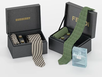 Stylish Men's Ties in Burberry and Fendi Gift Boxes with Striped Green Patterns and Cufflinks 3d model
