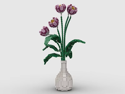 Decorative Building Block Vase with Purple Flowers Green Stems and Leaves 3d model