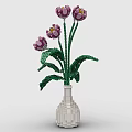 Decorative Building Block Vase with Purple Flowers Green Stems and Leaves
