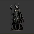 Horned Winged Woman With Long Black Hair Holding Flame Staff On Skull Base
