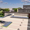 Modern Building Exterior With Waterfront Green Landscape Trees And Pathway