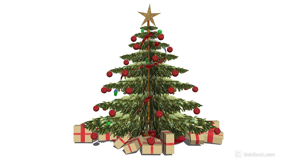 Christmas Tree with Star on Top Green Branches Red Ornaments and Gift Boxes Under 3d model 