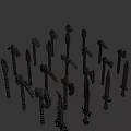Assorted Weapons Collection Featuring Swords Axes Hammers in Diverse Colors Radial Arrangement
