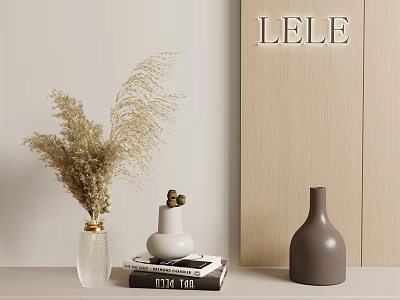Decorative Ornament Set With Dried Pampas Grass Clear Vase White Object Books And Brown Vase 3d model