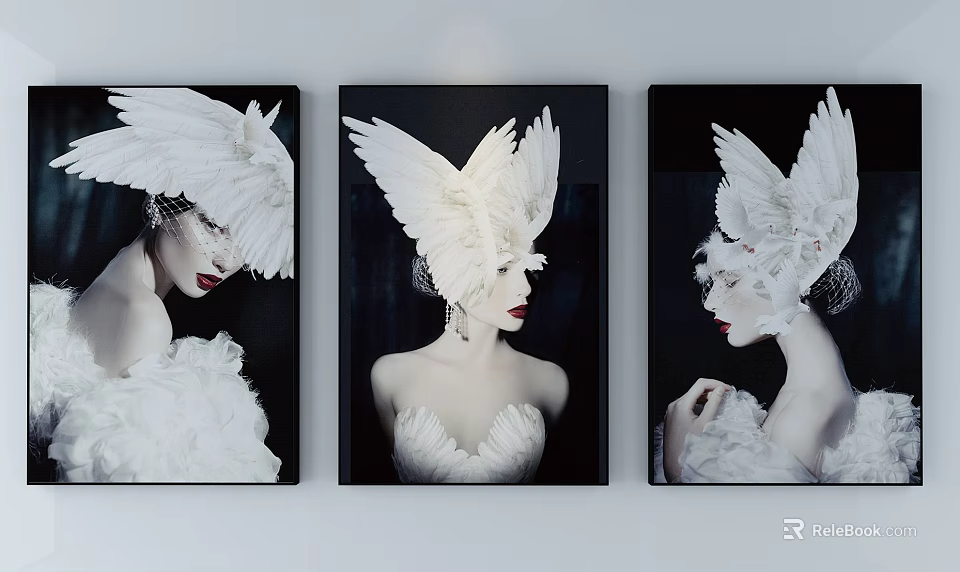 Three Black and White Portrait Paintings With White Feather Headdresses On Wall 3d model 