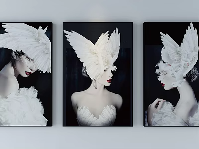Three Black and White Portrait Paintings With White Feather Headdresses On Wall 3d model