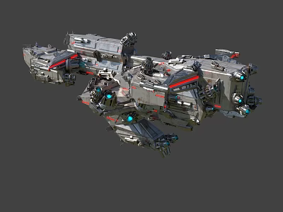 Futuristic Sci-Fi Spaceship Design With Complex Metallic Structure Blue Glowing Elements And Red Details 3d model