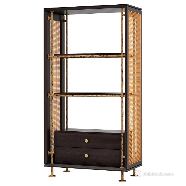 Modern Rattan Storage Cabinet With Gold Frame Black Body Open Shelves And Drawers 3d model 